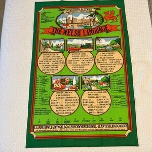 Vintage tea towel “The Welsh Language”, cotton, red and green